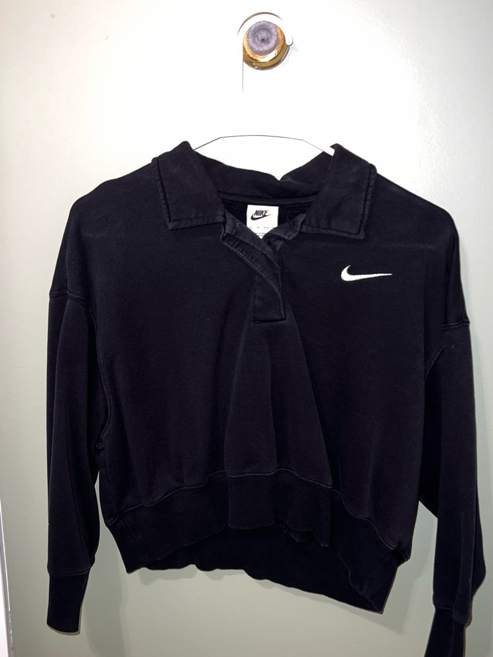 Nike Women's 3/4 Sleeve Black Cropped Polo Sweatshirt with White Swoosh